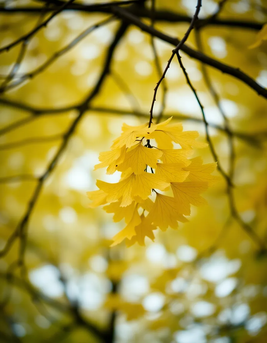 A captivating capture of vibrant golden ginkgo leaves, softly illuminated by diffused daylight filtering through the overcast sky. The composition features gentle leading lines created by the branches, guiding the viewer's eye to the unique fan-shaped leaves, while the background flows into beautiful soft bokeh. The muted tones encapsulate the essence of autumn in a tranquil and elegant manner, making this image a stunning portrayal of nature's seasonal transformation.