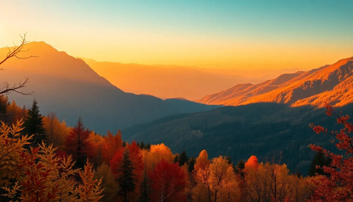 This breathtaking scene captures a mountain landscape blanketed in vibrant autumn foliage during golden hour. The warm light bathes the trees in radiant colors, creating a stunning contrast with the majestic mountains in the background. This composition's symmetry invites the viewer to appreciate the harmony between nature's elements, showcasing the splendor of fall. The rich color palette enhances the visual impact, celebrating the season's beauty.