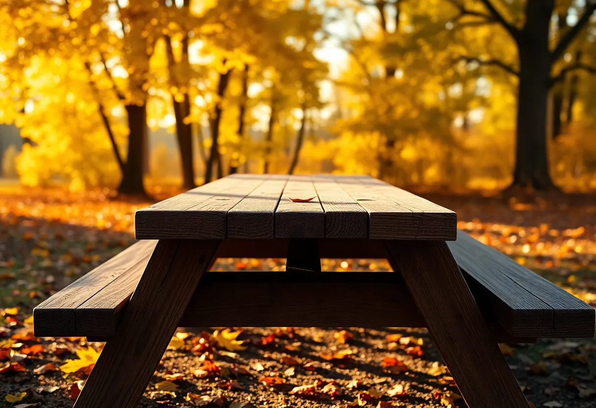This inviting image captures a rustic wooden picnic table nestled against a backdrop of vibrant autumn foliage. The warm afternoon sunlight creates a cozy atmosphere, enhancing the rich colors of the wood and the surrounding leaves. The shallow depth of field beautifully blurs the colorful backdrop, focusing attention on the table. This scene embodies the essence of autumn gatherings, bringing a sense of warmth and nostalgia to viewers.