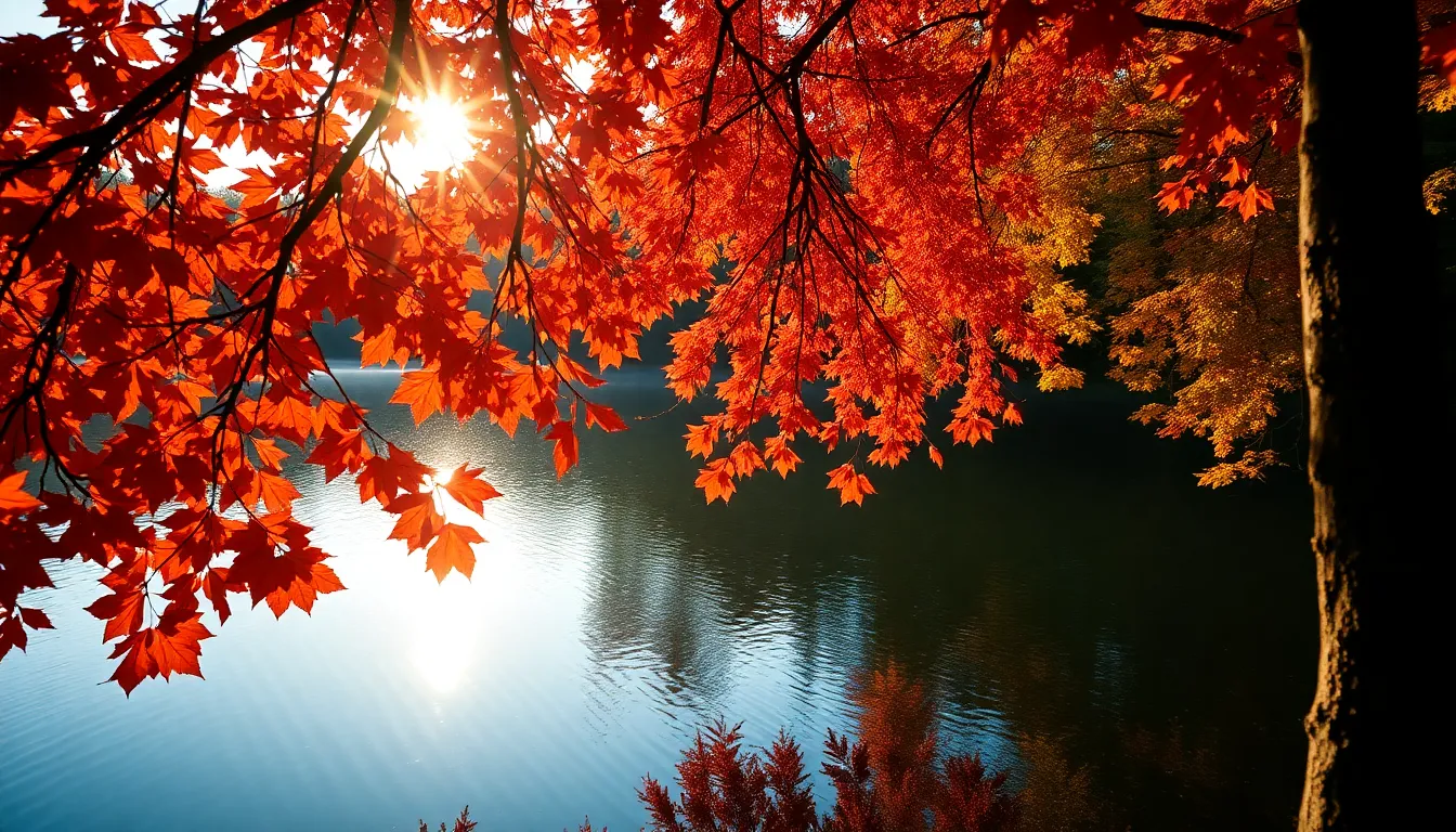 This serene image captures a tranquil lake embraced by vibrant autumn foliage at sunset. The fiery hues of red, orange, and yellow leaves reflect beautifully on the glassy water surface, creating a harmonious composition. Sunlight filters through tree branches, casting soft light and reflections that enhance the peaceful mood. The shallow depth of field brings the colorful leaves into sharp focus, allowing the viewer to immerse in the rich textures and colors of this autumn scene.