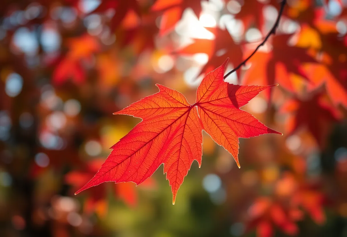 A stunning close-up of a brilliant red maple leaf set against a soft-focus background of colorful autumn foliage. The warm hues of orange and yellow surround the leaf, enhanced by the dappled sunlight filtering through, creating a magical atmosphere. Morning dew droplets cling to the leaf, adding texture and detail to the scene. The composition highlights the beauty of fall, making it a perfect representation of autumn foliage.