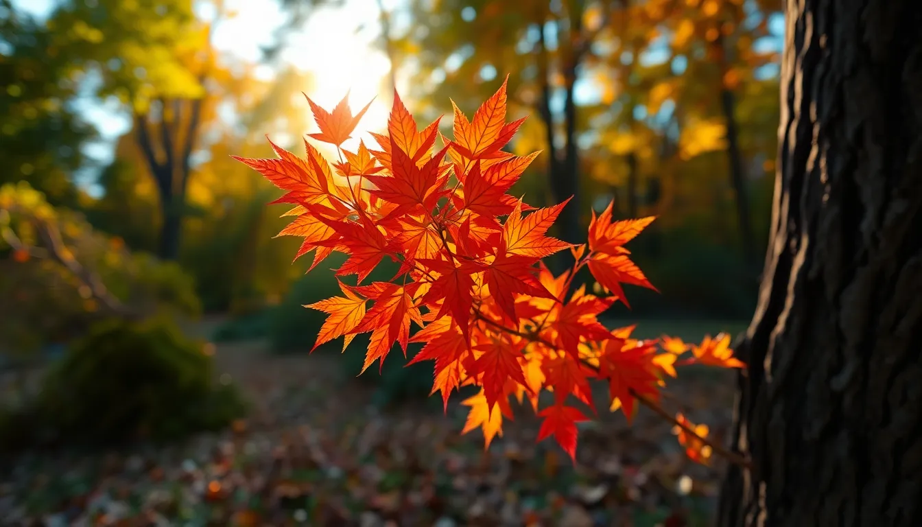 This stunning image showcases a cluster of autumn leaves in vivid reds and oranges, backlit by the warm sunlight of sunset. The golden light filters through the branches, creating an enchanting atmosphere filled with the nostalgia of fall. The blurred background adds depth, allowing the colors of the leaves to pop beautifully. This composition highlights the intricate textures of the leaves and the subtle transitions of the season.