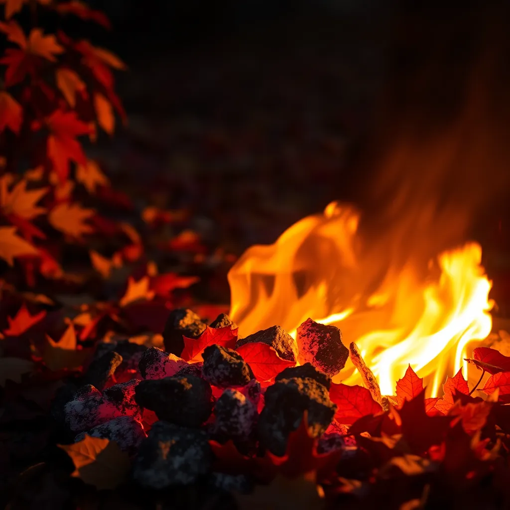 A cozy fire pit crackles warmly at the center of vibrant autumn foliage, with shadows dancing flickering against the rich colors of red and orange leaves. The image captures sharp detail across the scene, showcasing the contrast between the glowing coals and the crisp, smooth texture of the fallen leaves. The warm light from the fire creates an inviting atmosphere, perfect for gatherings during the fall season. This photograph beautifully encapsulates the essence of autumn evenings.