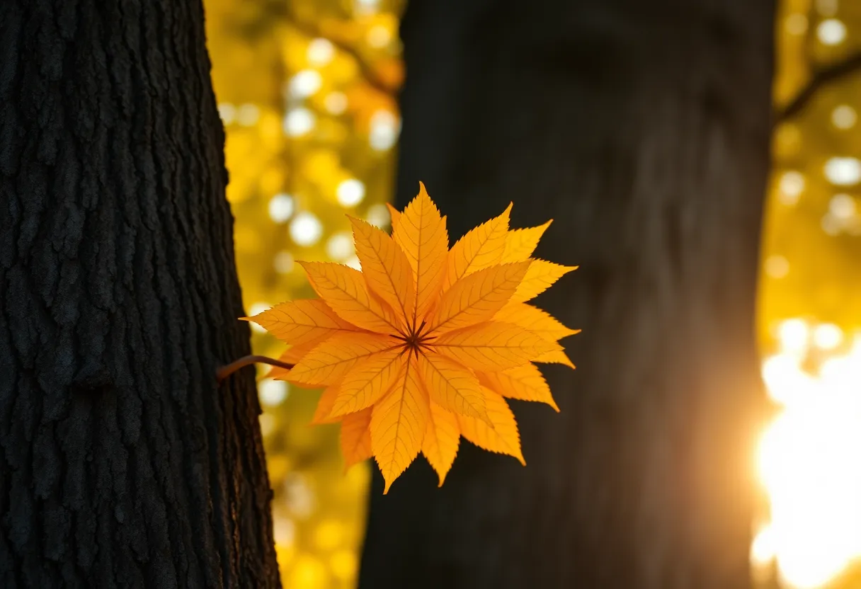 This tranquil image captures a forest path enveloped in the warm glow of golden hour. The rich golden yellows and deep oranges of fallen leaves blanket the path, creating a cozy ambiance. With a selective focus, the image draws attention to the shimmering path while the background fades into soft bokeh. The centered composition invites viewers to stroll down this beautiful autumn trail.