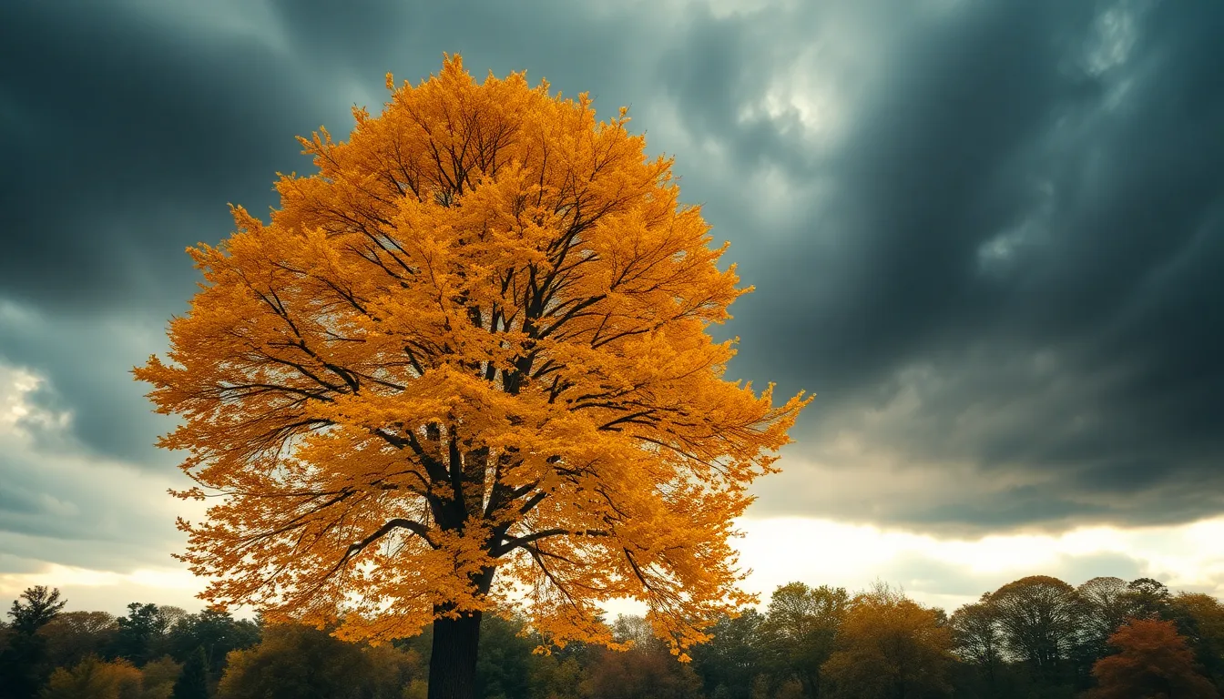 This striking image captures a solitary tree in full autumn glory, its golden leaves contrasting against an ominous stormy sky. The warm light breaking through the clouds enhances the vivid hues, evoking a sense of both beauty and drama in the changing season. The image showcases the intricate texture of the tree's bark and the fluid motion of leaves in the wind, embodying the essence of autumn.