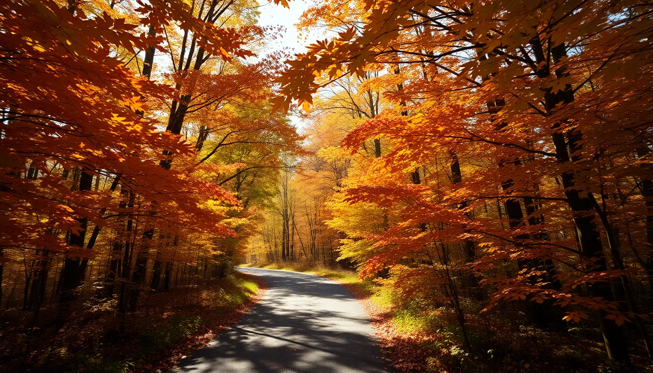 A picturesque winding path invites exploration through a vibrant autumn forest, where dappled sunlight filters through leaves painted in rich reds and yellows. The composition adheres to the rule of thirds, drawing the eye along the serene trail. The hyperfocal depth ensures every detail, from the textured bark to the colorful foliage, is in sharp focus, creating a captivating and immersive autumn scene. This inviting image evokes a sense of adventure and tranquility.
