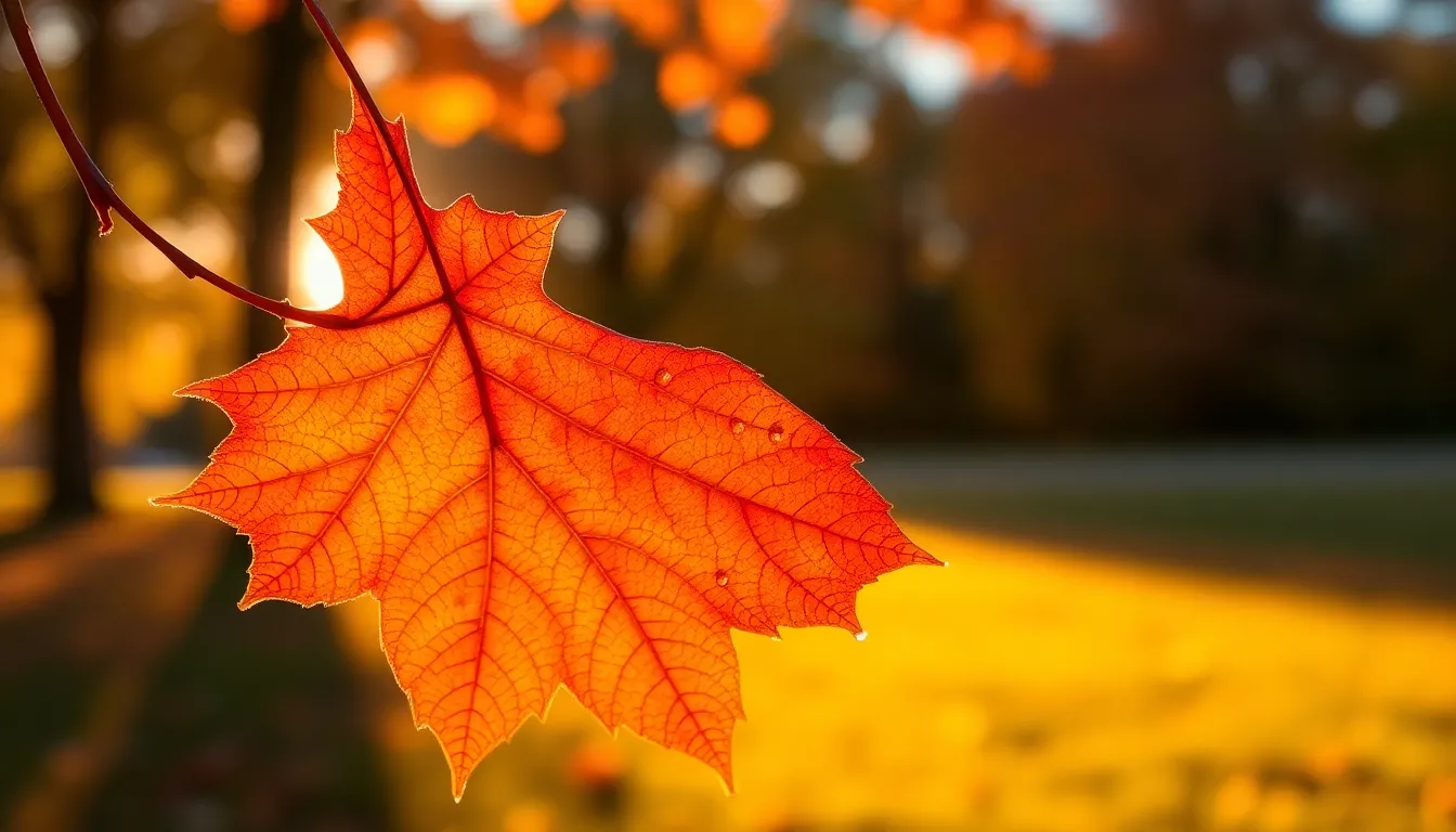 This stunning image captures a single vibrant maple leaf during the golden hour, showcasing rich hues of orange and red. The warm backlighting accentuates the intricate details and textures of the leaf, while a soft bokeh background enhances the autumnal atmosphere. Shot with a shallow depth of field, the composition beautifully adheres to the rule of thirds, drawing the viewer's eye directly to the leaf. Ideal for representing the essence of fall, this image radiates warmth and tranquility.