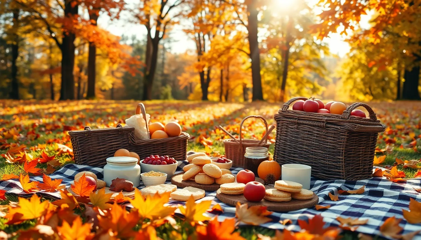 This inviting autumn scene features a cozy picnic setup, complete with fruits and pastries laid on a checkered blanket, surrounded by vibrant fall foliage. The warm sunlight bathes the entire scene, creating a golden hue that enhances the richness of the autumn colors. Sharp details across the picnic spread juxtapose beautifully with the soft background, inviting viewers to imagine themselves in this peaceful setting. The harmonious balance of textures draws attention to the abundance of the season, making it a perfect autumn moment.