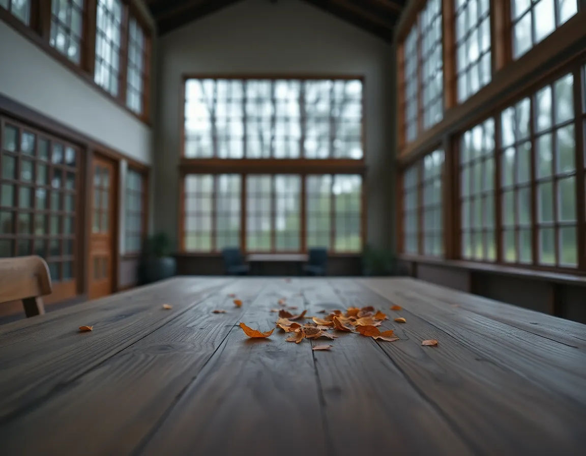 A serene still life arrangement showcasing a collection of autumn leaves scattered across a weathered oak table. The soft, diffused daylight casts a gentle glow, illuminating the rich hues of orange, red, and yellow. The shallow depth of field creates an intimate atmosphere, drawing focus to the delicate textures of the leaves. The composition is balanced, with a harmonious blend of natural elements that evoke the warmth and coziness of the autumn season.