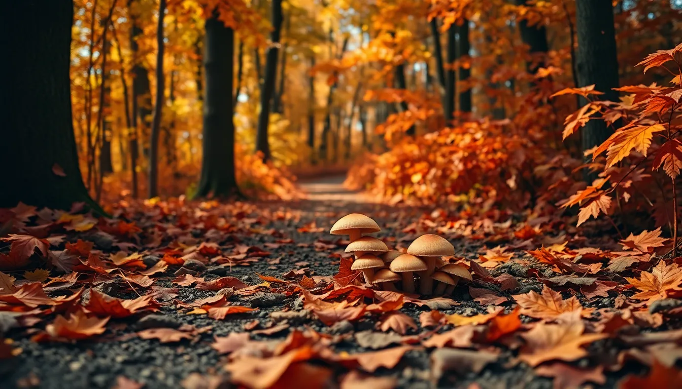 This stunning autumn scene captures a peaceful lake framed by a spectrum of vibrant fall colors. The warm dappled sunlight enhances the golden and crimson hues of the trees, while a slight mist hovers over the water, adding an ethereal quality. Reflections in the lake create a symmetrical harmony with the foliage, evoking a sense of tranquility and the beauty of the changing seasons.