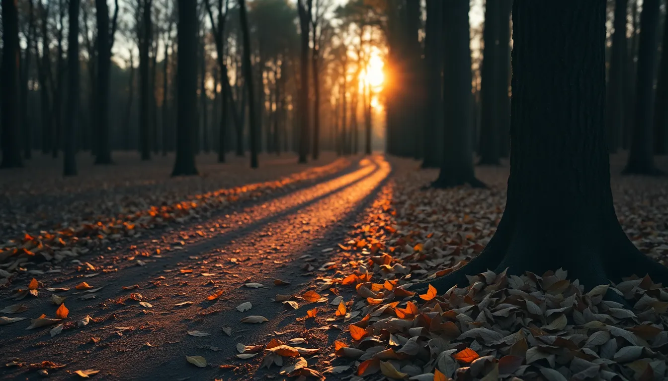 A stunning photograph of a solitary red maple tree during golden hour, surrounded by a serene autumn landscape. The warm light bathes the scene, highlighting the intricate textures of the leaves that glisten with morning dew. The composition follows the rule of thirds, drawing attention to the vivid reds and oranges of the foliage. Soft bokeh complements the crispness of the tree, creating a peaceful and inviting scene.