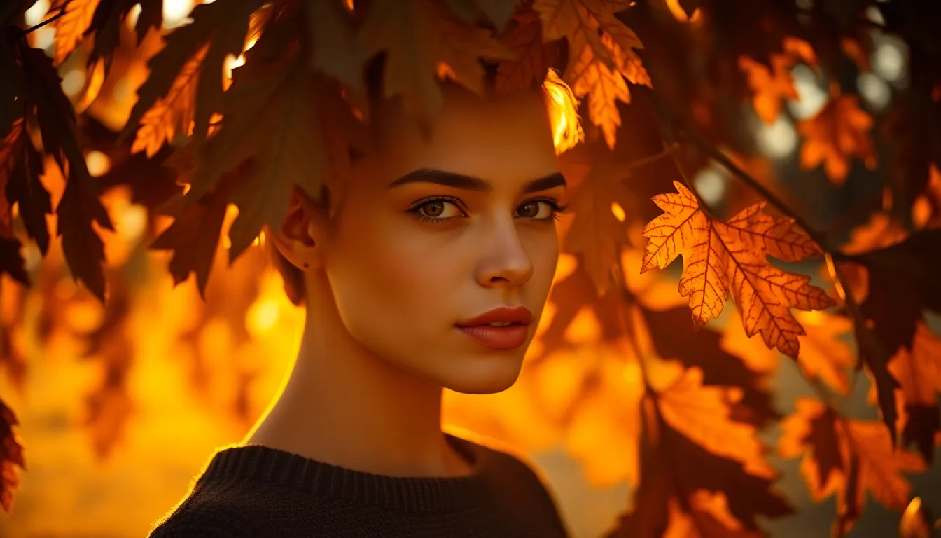 A close-up of vibrant autumn leaves backlit by the warm rays of the golden hour, showcasing the delicate veins and textures of each leaf. The soft bokeh in the background enhances the nostalgic feel of the season. Rich hues of orange, yellow, and red dominate the scene, creating an inviting atmosphere.