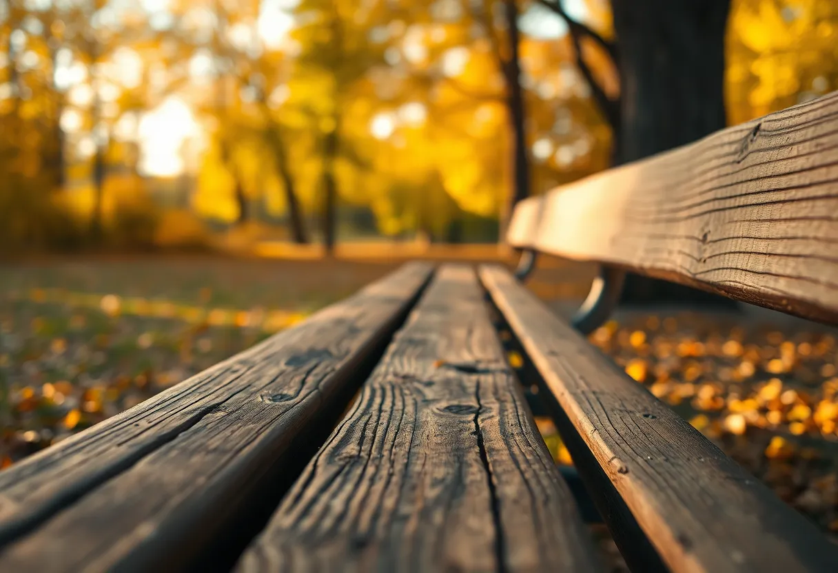 This photograph features a rustic wooden bench set against a backdrop of golden autumn foliage in a tranquil park. The warm light of late afternoon highlights the textured grain of the wood, inviting viewers to take a moment and sit. The soft bokeh from the surrounding trees enhances the peaceful atmosphere, creating a serene autumn scene that embodies comfort and reflection.