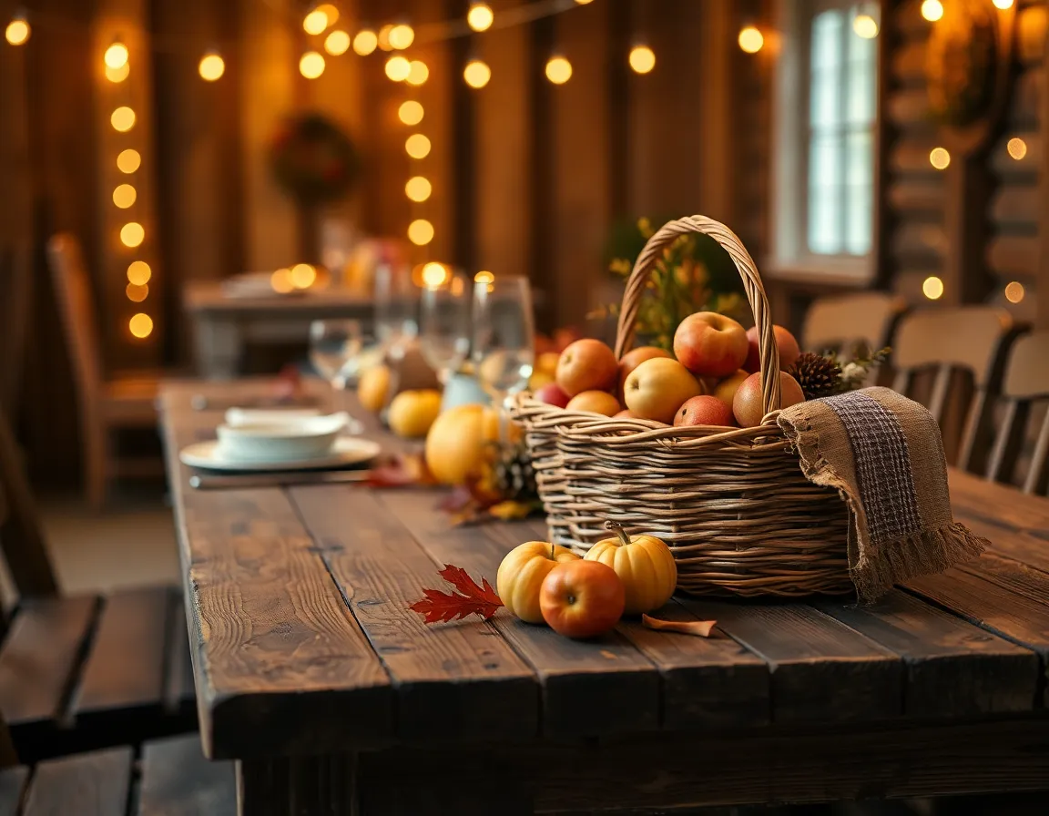 This inviting image captures a rustic wooden table set for an autumn picnic, beautifully illuminated by soft string lights. The warm, muted colors of the setup harmonize with the rich browns and textures of the wood, creating a cozy atmosphere. The low depth of field brings focus to the inviting basket of apples and seasonal decorations, enhancing the homely feel of this autumnal scene. It invites viewers to imagine themselves enjoying a peaceful moment in nature.