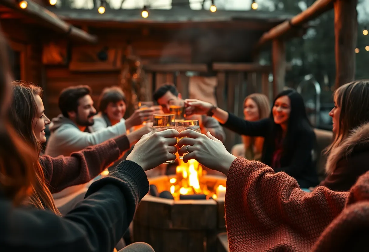 An inviting scene unfolds as friends enjoy a festive gathering outdoors, illuminated by the flickering firelight. The warm, soft oranges and browns enhance the cozy atmosphere, while the Dutch angle adds dynamic energy to the composition. Selective focus highlights the joyful expressions of friends toasting with steaming mugs, creating an intimate feel. The textured blankets and rustic wooden surroundings complete the autumn ambiance, making it a perfect representation of seasonal camaraderie.