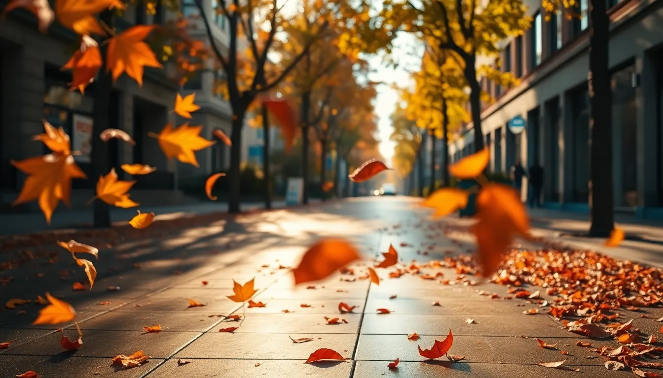 This dynamic urban street scene captures the essence of fall with swirling autumn leaves dancing in the breeze. The late afternoon light bathes the wet pavement in warm golden hues, creating a visually rich atmosphere. With a shallow depth of field, the foreground action takes prominence while the soft background adds a dreamy quality to the scene. The vibrant mix of colors from the leaves contrasts beautifully with the urban setting, making it an engaging representation of autumn in the city.