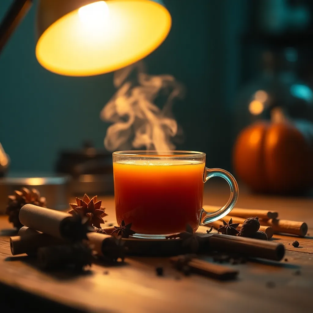 An intimate and warm scene featuring a steaming cup of spiced cider, surrounded by aromatic cinnamon sticks and cloves on a rustic wooden table. The warm tungsten light enhances the inviting atmosphere, while the shallow depth of field draws focus to the details of the mug and spices. This capture embodies the cozy and comforting essence of autumn, perfect for seasonal enjoyment.