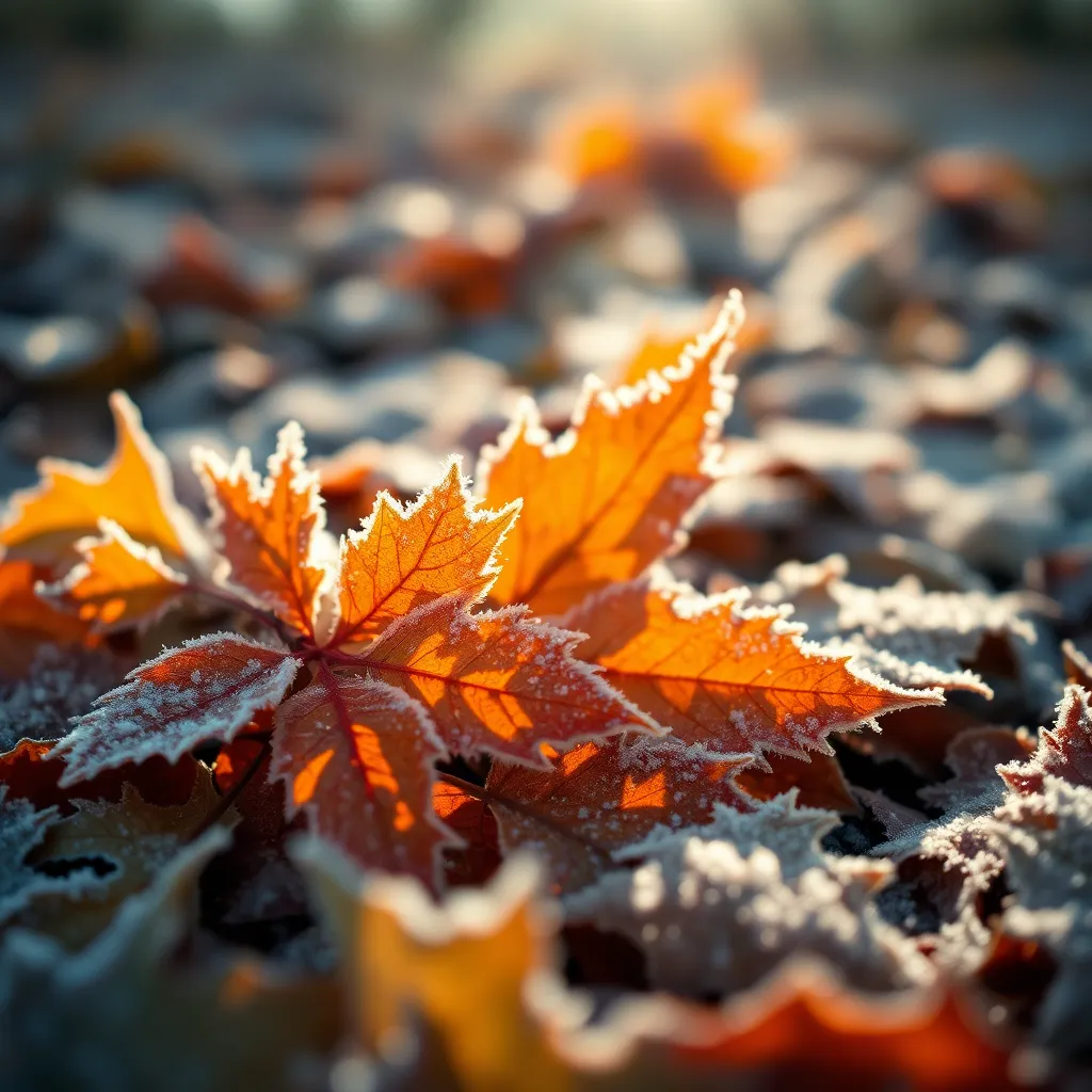 This intimate close-up reveals the delicate beauty of frost-kissed autumn leaves scattered on the ground. The morning sunlight creates a soft glow that highlights the icy crystals glimmering on the leaf surfaces, adding a magical effect to the scene. With shallow depth of field, intricate details of the leaves are in sharp focus against a dreamy bokeh background. The warm color palette evokes the essence of autumn, creating a serene mood perfect for appreciating nature's transitions.