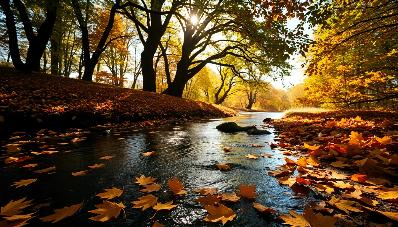 Winding Autumn Stream with Floating Leaves