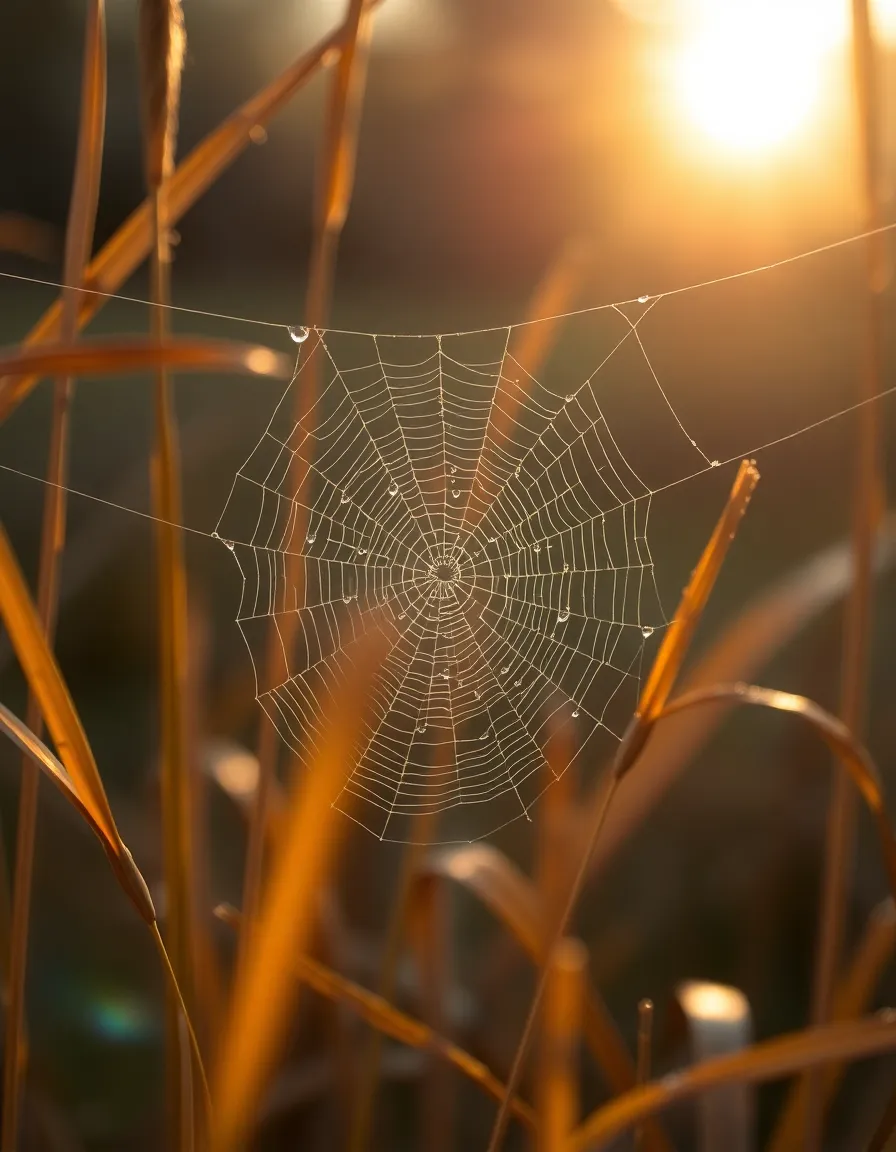 A stunning close-up of a delicate spider web glistening with dew drops, illuminated by golden hour backlighting in a field of autumn grasses. The warm light creates a magical atmosphere, enhancing the intricate details of the web against the soft, muted colors of the landscape. This composition captures the beauty and fragility of nature during the enchanting autumn season.