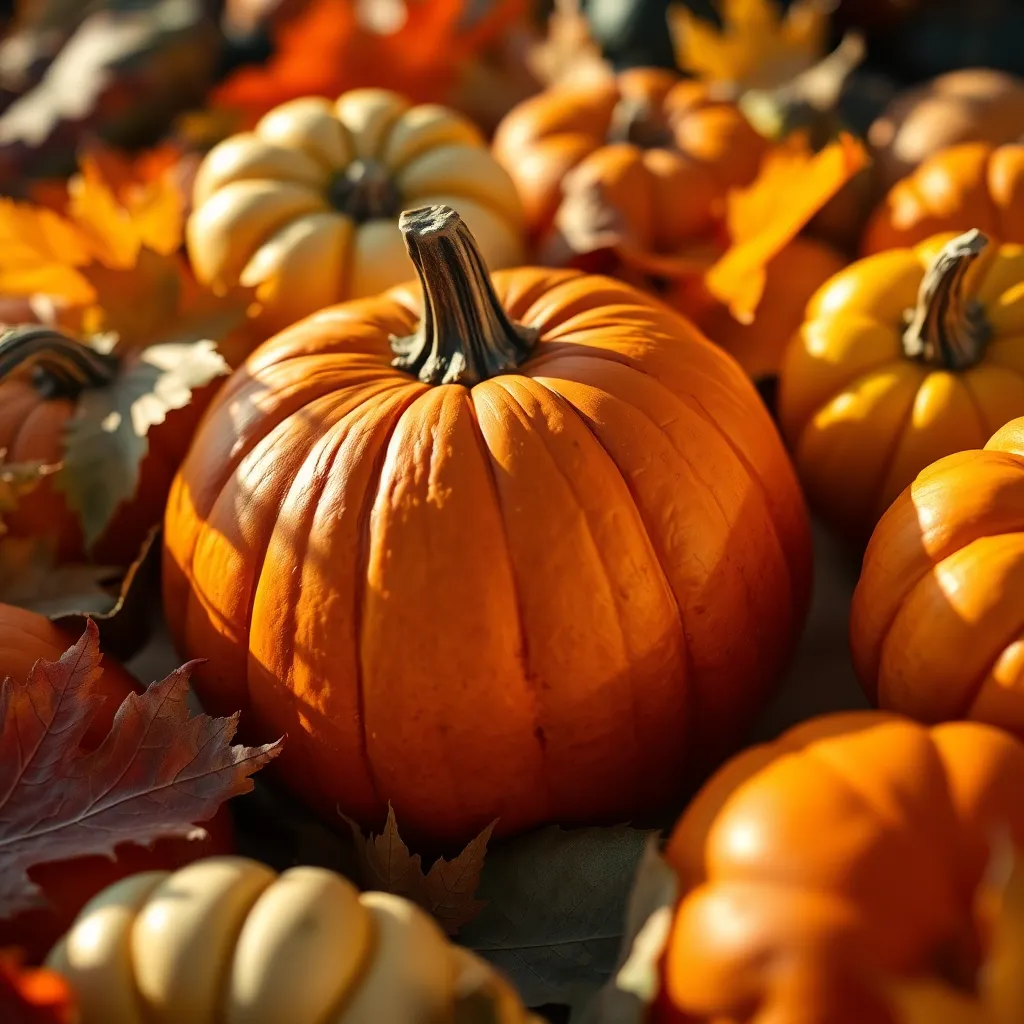 This vibrant close-up image showcases a variety of pumpkins and gourds surrounded by colorful autumn leaves. The warm afternoon light highlights the textures of the pumpkin's skin and the glossy surfaces of the gourds, creating a rich visual experience. With a shallow depth of field that blurs the background, the focus remains on the seasonal details, evoking the spirit of fall and harvest time. This image captures the essence of autumn in a dynamic and artistic way.