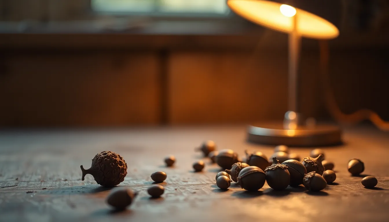 A close-up shot capturing the essence of autumn decor with a beautifully textured pumpkin and scattered acorns laid on a warm burlap cloth. The warm tungsten light creates a cozy atmosphere, casting gentle shadows and enhancing the natural hues of the pumpkin. A shallow depth of field isolates the subject, creating a creamy bokeh effect in the background. This image encapsulates the spirit of harvest season, inviting viewers to embrace the warmth and richness of autumn.