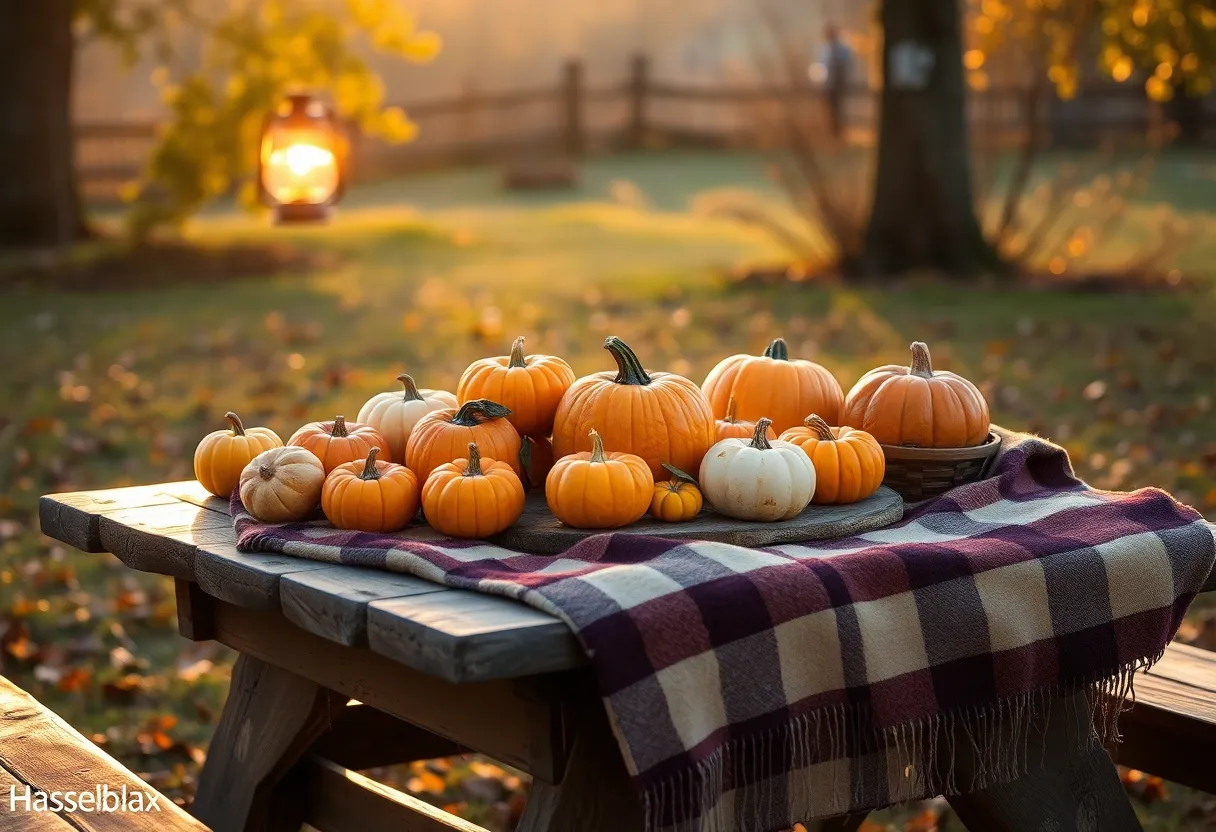 This inviting picnic scene captures the warmth and abundance of autumn. Set against a rustic wooden table, the arrangement of seasonal fruits and pumpkins is brought to life by the early morning light. The soft shadows from the nearby lantern create a warm ambiance, enhancing the cozy feel of the image. The rich textures of the wooden table and plaid blanket emphasize the tactile experience of enjoying a harvest picnic outdoors.