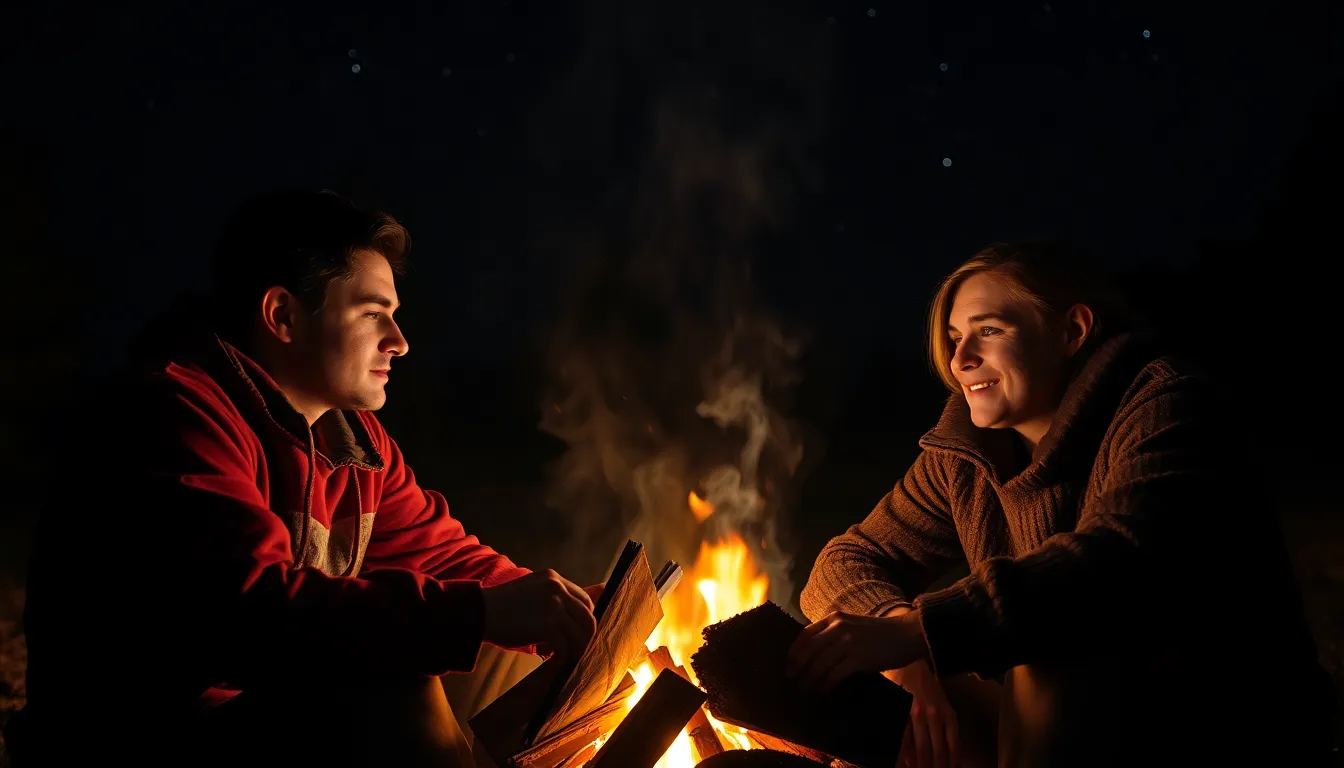 An intimate scene of two friends seated around a crackling campfire, sharing laughter and stories under a brilliant starry sky. The warm glow from the fire illuminates their faces, casting flickering shadows that enhance the connection between them. Captured in rich detail, the natural texture of their skin reveals the authenticity of the moment. The composition follows the rule of thirds, drawing the viewer into this heartwarming gathering and the essence of friendship in autumn.