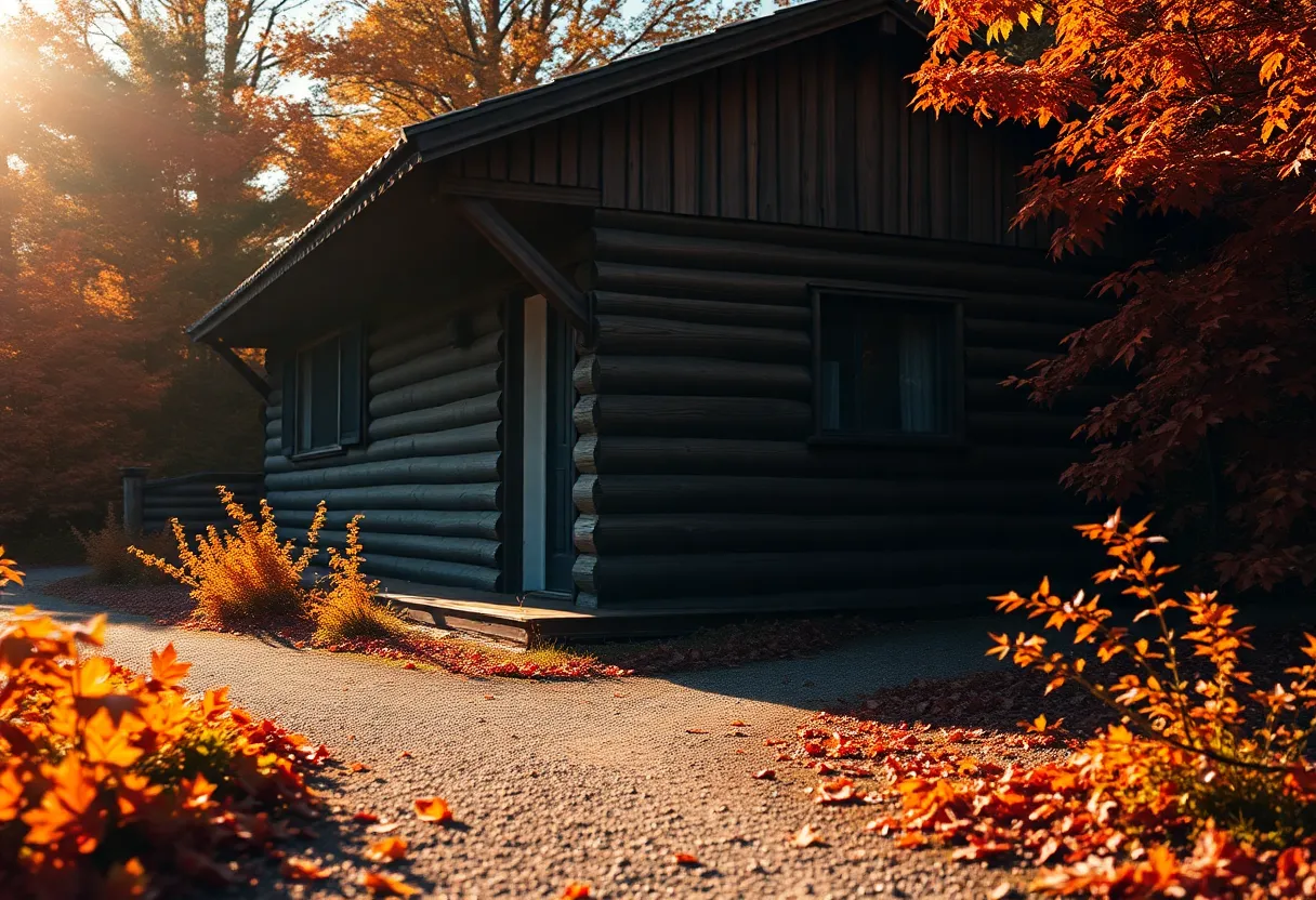 This stunning image captures a rustic wooden cabin surrounded by vibrant autumn foliage, radiating warmth and charm. The soft light from the setting sun highlights the textures of the weathered wood and colorful leaves, creating a cozy atmosphere. The leading lines of the path draw the viewer's eye toward the cabin, while the warm earth tones evoke feelings of comfort and nostalgia. Ideal for showcasing the beauty of fall in a rustic setting, this image combines nature and architecture seamlessly.