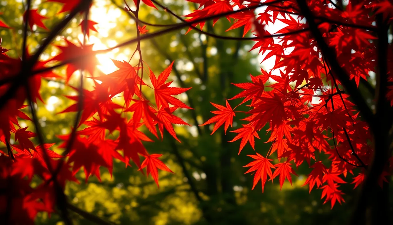 A striking image of vivid red maple leaves illuminated by warm morning sunlight, filtered through the branches of surrounding trees. The dappled light creates a dynamic interplay of shadow and color, while the vibrant hues celebrate the beauty of autumn. This layered composition invites viewers to appreciate the intricate details of nature.