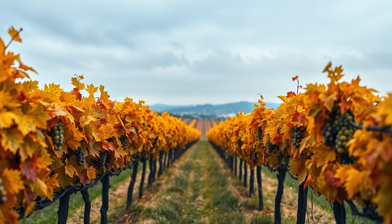 This captivating image showcases a tranquil vineyard in the heart of autumn, with grapevines adorned in vibrant yellow and red leaves under a softly overcast sky. The diffused lighting creates a serene atmosphere, perfect for capturing the vineyard's essence. The composition leads the viewer through rows of vines, emphasizing texture and detail in the foliage and grapes. The natural muted tones evoke a feeling of warmth and earthiness, making it an ideal portrayal of the harvest season.