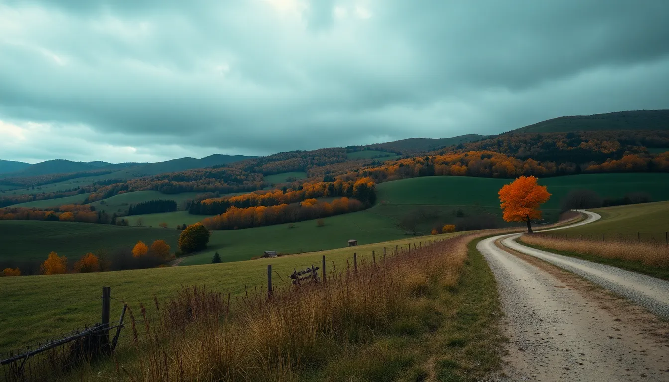 In this captivating countryside landscape, moody overcast skies serve as the backdrop for rolling hills dotted with colorful autumn trees. The image features a tranquil winding road that invites viewers to explore the serene environment, with hyperfocal clarity showcasing the intricate details in the foreground and background alike. The cinematic color grading emphasizes the warm tones of autumn, evoking a sense of calm and reflection in this peaceful pastoral scene.