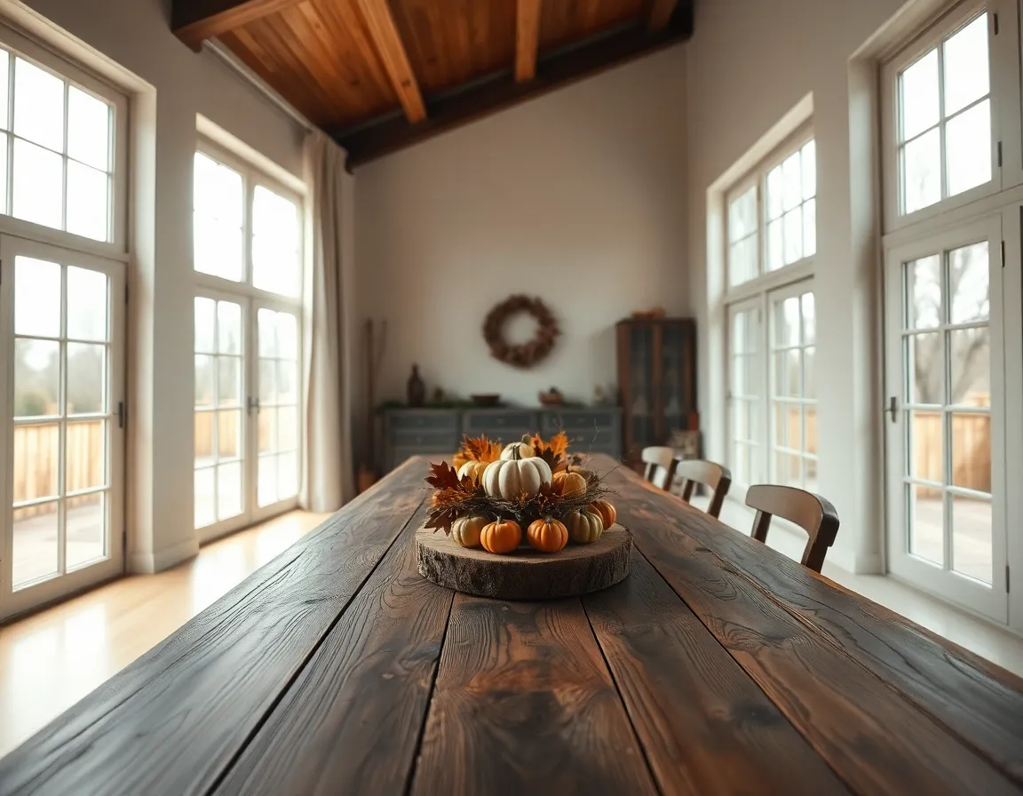 A charming wooden cabin is nestled amidst a vibrant autumn landscape, its warm light glowing invitingly through the window. The overcast sky enhances the rich colors of the surrounding foliage, creating a contrast of cozy warmth against the cool tones of the day. This symmetrical composition captures the essence of a peaceful autumn retreat.