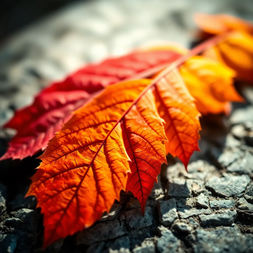 This exquisite close-up image captures the intricate details of vibrant autumn leaves resting on a textured stone surface. The natural soft lighting accentuates the vivid colors of the leaves, while the shallow depth of field creates a striking contrast with the rugged stone below. This image celebrates the beauty of fall through its rich colors and varied textures, providing a fresh perspective on nature's artistry.