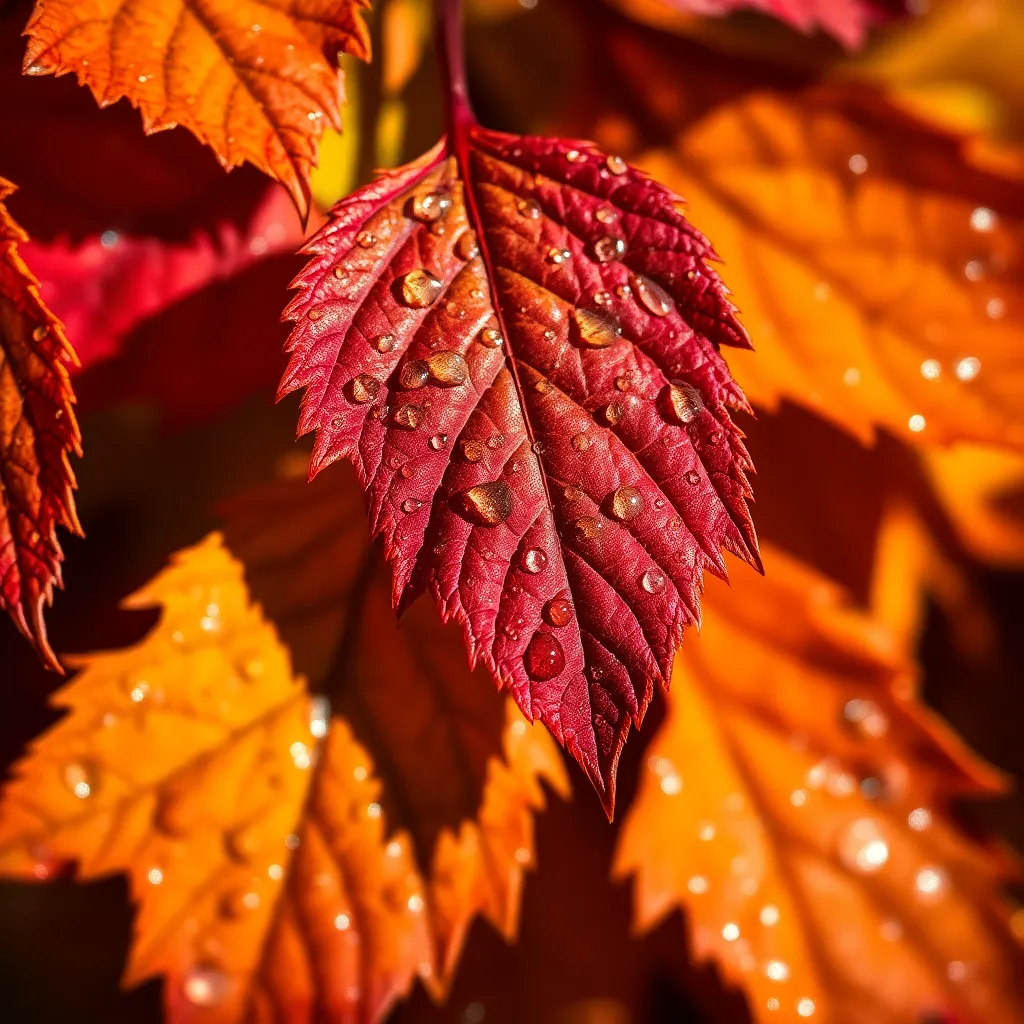 This exquisite close-up image features water droplets resting on vibrant autumn leaves, capturing the beauty of fall in intricate detail. The light from the low sun creates glistening sparkles in the droplets, highlighting the rich reds and oranges of the foliage. Each leaf showcases its unique texture, inviting viewers to appreciate nature's artistry. The centered composition draws attention to the details of the leaves, making it a stunning representation of the season.