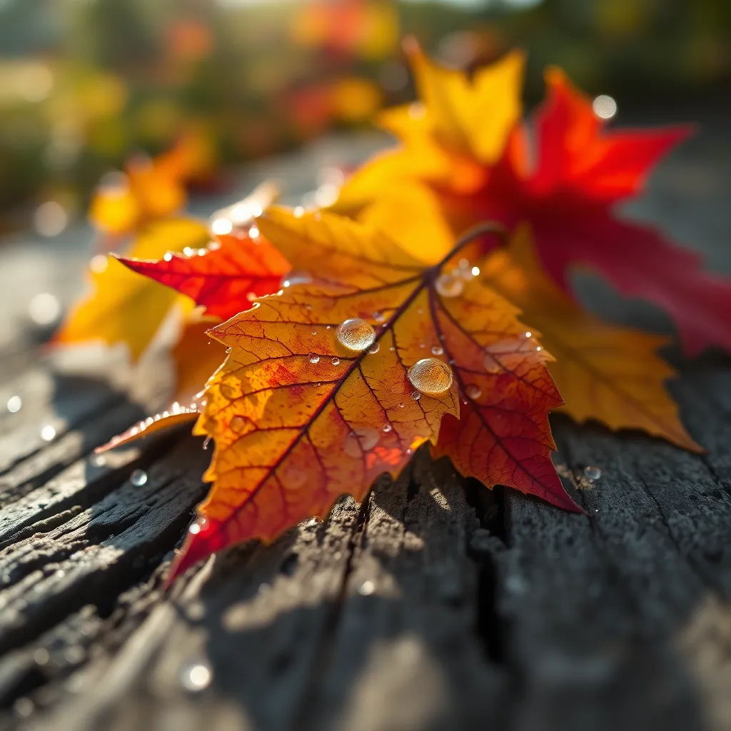 This close-up shot captures the delicate beauty of dew-kissed autumn leaves resting on a weathered wooden surface. Bathed in soft morning light, the vibrant yellows and reds of the leaves contrast beautifully with the natural texture of the wood. The selective focus emphasizes the intricate details of the leaves and droplets, creating a serene and intimate connection with nature. This image encapsulates the freshness and fleeting beauty of the autumn season.
