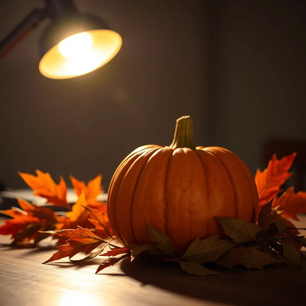 An elegant autumn still life features a beautifully textured pumpkin surrounded by vibrant autumn leaves, bathed in the warm glow of a tungsten lamp. The shallow depth of field enhances the intimate ambiance, creating a soft gradient bokeh that draws attention to the intricate details of the pumpkin's skin. The centered composition balances the rustic and organic elements, showcasing the rich colors and textures of the fall season. This image evokes warmth and a sense of seasonal celebration.