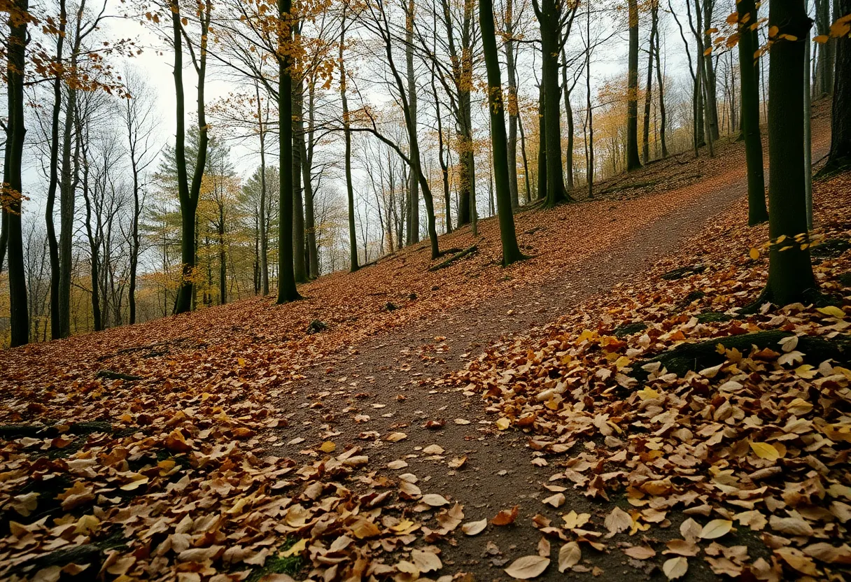 This tranquil image features a picturesque forest path covered in a vibrant blanket of autumn leaves. The soft overcast sky casts a gentle light over the scene, enhancing the rich, muted colors of the foliage. The winding path creates a sense of movement and invites exploration, while the intricate textures of both the leaves and the forest floor add depth to this peaceful autumn setting.