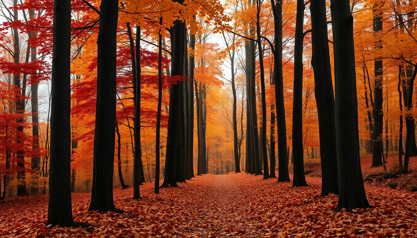 This peaceful autumn scene showcases a forest bursting with golden and red leaves, inviting viewers into a serene natural pathway. The soft, diffused light filters through the foliage, creating a tranquil atmosphere. The shallow depth of field emphasizes the vibrant colors of the autumn leaves, bringing a warm and inviting feel to the composition. Leading lines formed by the tree trunks guide the eye deeper into the scene, while detailed textures enhance the overall realism.