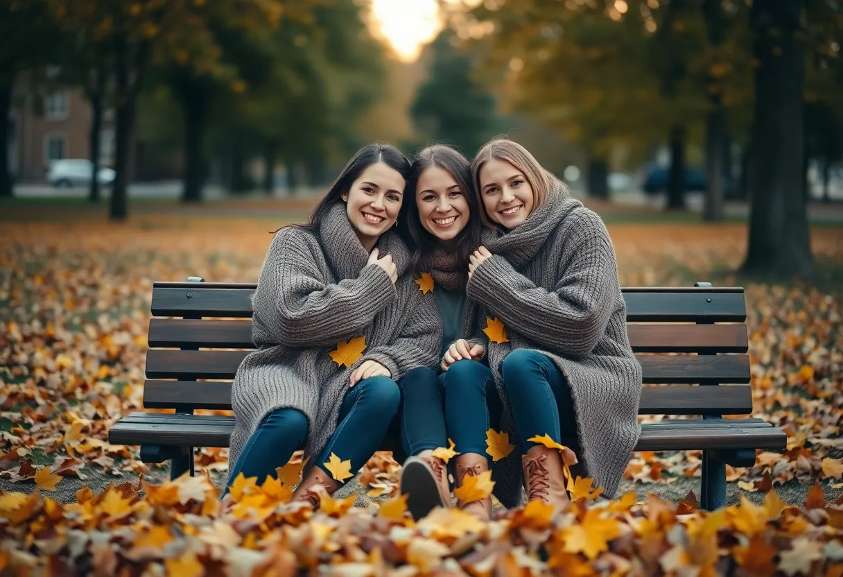 This heartwarming image features two friends wrapped in cozy knit sweaters sitting on a park bench as autumn leaves gently fall around them. The warm evening light creates a cozy atmosphere, perfectly capturing the essence of fall. With a soft focus on their joyful expressions, this composition emphasizes friendship and seasonal beauty. The warm earth tones and texture of their sweaters offer an inviting visual experience, making it an ideal representation of autumn gatherings.