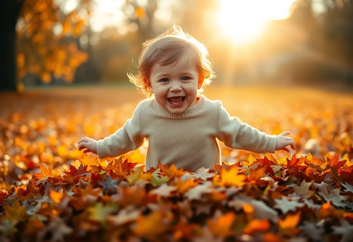 This lively image captures the joyful moment of a child leaping into a colorful pile of autumn leaves, radiating happiness. The golden hour light adds a magical touch, creating a warm rim around the child, enhancing the scene's warmth. Sharp focus on the child's joyful expression contrasts with the blurred vibrancy of the leaves, inviting viewers to feel the excitement of the moment. The composition effectively showcases playfulness and the beauty of autumn, making it a heartwarming portrayal of childhood.
