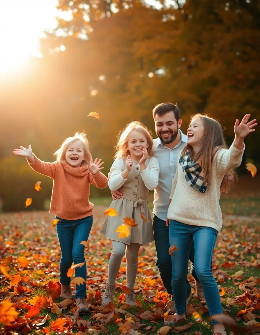 This heartwarming image captures a family reveling in the joy of an autumn day spent in the park. Bathed in late afternoon sunlight, their playful interactions are enhanced by warm rim lighting, creating a cheerful atmosphere. The shallow depth of field isolates the family against a blur of vibrant foliage, emphasizing their joyful expressions. Rich oranges, browns, and greens dominate the scene, creating a perfect representation of the warmth and beauty of the autumn season.