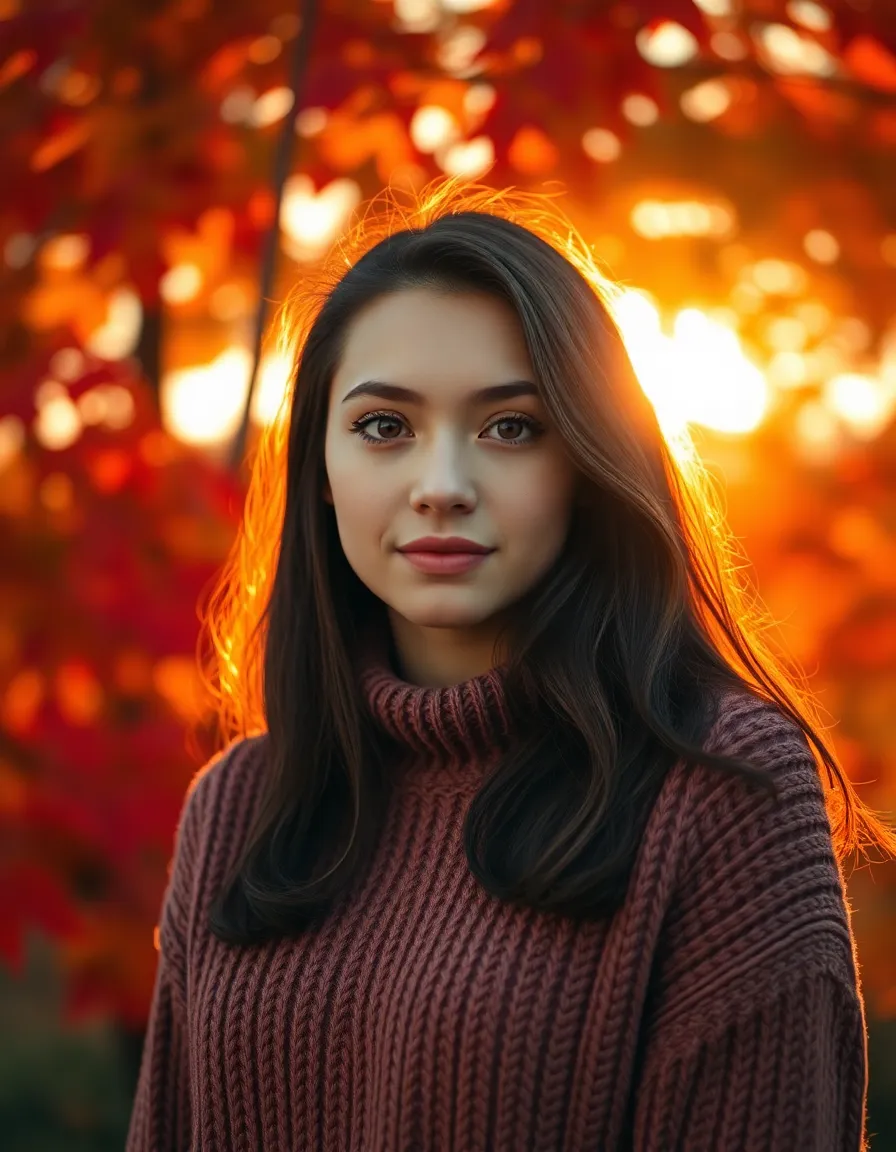 A portrait of a young woman clad in a cozy knit sweater, framed by a backdrop of vivid autumn leaves. Captured during golden hour, the warm sunlight bathes the scene in radiant hues, highlighting her joyful expression. The shallow depth of field draws attention to her eyes, while the soft bokeh of the colorful leaves creates an inviting and dreamy atmosphere. This image captures the essence of autumn's beauty and the comfort of the season.