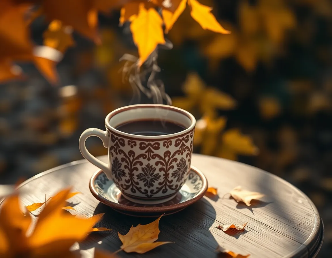 This image showcases a cozy outdoor coffee scene, perfect for capturing the essence of autumn. A beautifully crafted ceramic cup sits on a wooden table surrounded by colorful autumn leaves, all illuminated by warm natural light. The inviting steam rising from the coffee adds a touch of warmth to the cool autumn air. The soft bokeh effect enhances the mood, making it a perfect representation of fall’s comforting moments.