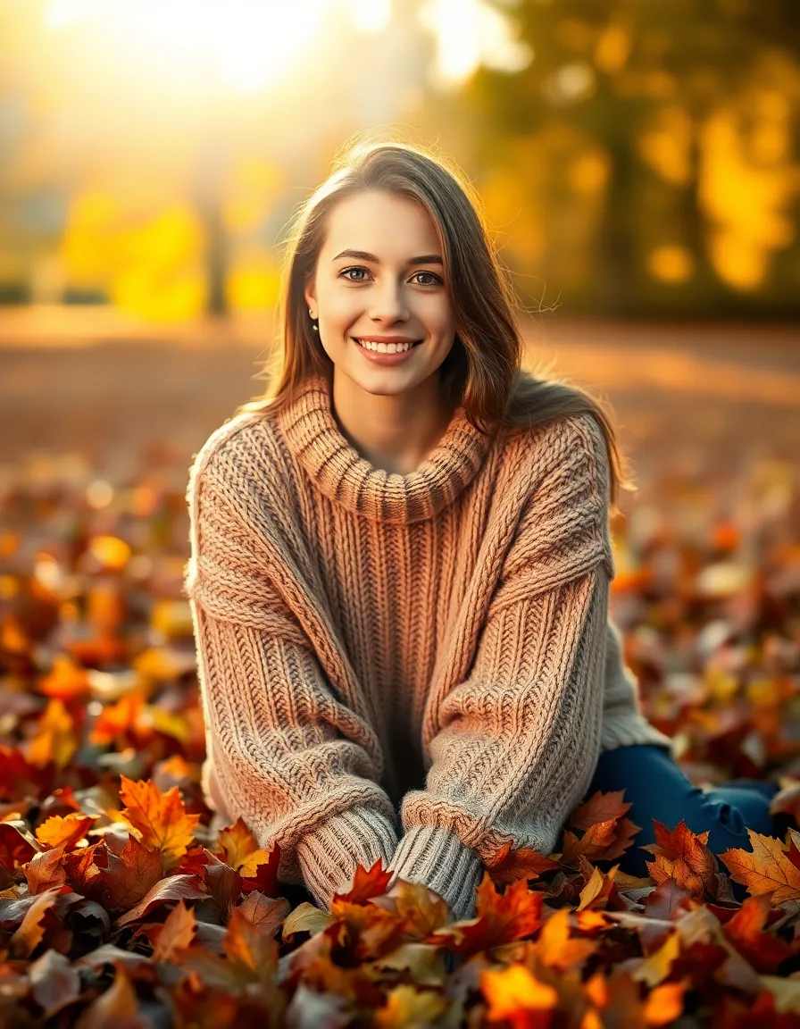 In this charming autumn portrait, a young woman radiates warmth while sitting on a vibrant blanket of leaves. The golden hour light enhances her cozy knitted sweater, creating a soft glow that complements her gentle expression. Surrounded by the rich fall colors, this image encapsulates the comfort and beauty of the season, inviting the viewer to feel the warmth of autumn.