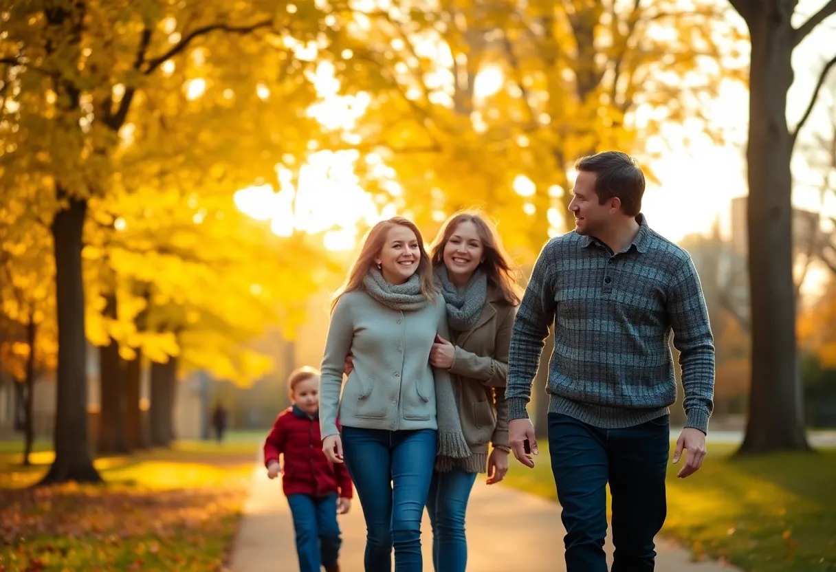 This heartwarming image captures a candid moment of a family strolling through an autumn park, surrounded by trees glowing with vibrant colors. The warm backlighting from the setting sun creates a beautiful rim light around the family, enhancing the coziness of the scene. The shallow depth of field draws attention to their joyful expressions, while the colorful leaves form a stunning backdrop. The inviting composition encourages viewers to envision the warmth and togetherness of autumn days spent with loved ones.