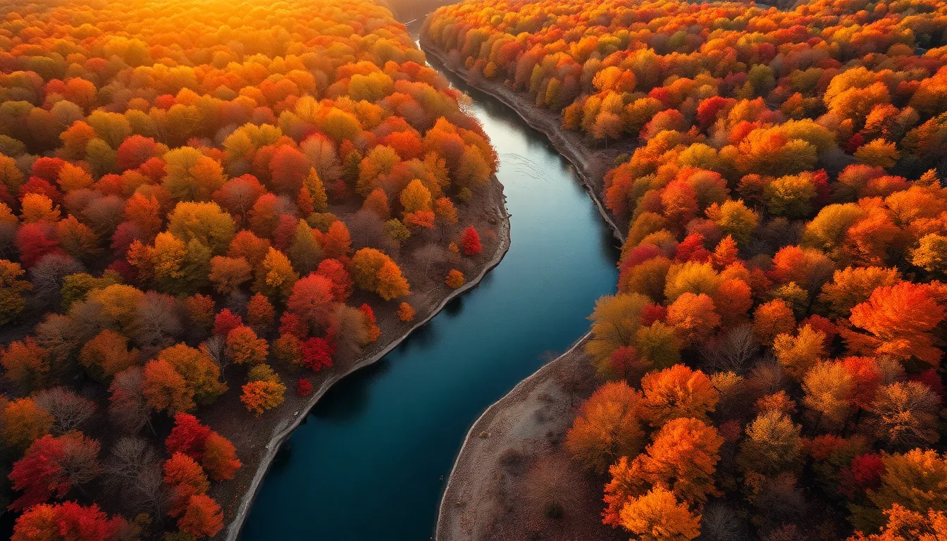 Aerial View of Autumn Landscape This captivating aerial shot presents a stunning autumn landscape, with a winding river embraced by trees flaunting their vibrant fall colors. The golden hour light casts a warm glow across the scene, enhancing the rich hues of foliage. Textural details of the leaf-covered ground contrast beautifully with the smooth flow of the river. The composition invites viewers to explore the natural beauty of the season, encapsulating the essence of autumn.