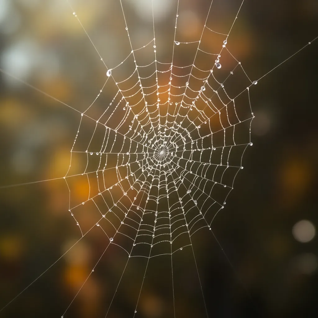 Dew-Covered Spider Web in Autumn This stunning close-up captures a dewy spider web delicately adorned with droplets, sparkling in the soft autumn morning light. The blurred background displays muted greens and browns of the season, creating a tranquil atmosphere. The focus on the intricate web details highlights nature's artistry, with textures beautifully represented. This image embodies the serene beauty of autumn, inviting viewers to appreciate the small wonders of the natural world.