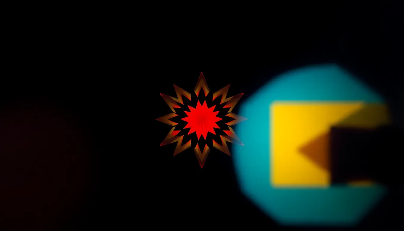 This striking image features a geometric abstract background filled with vibrant shapes and colors. A dramatic spotlight illuminates the design, creating bold contrasts against a dark backdrop. The careful arrangement of reds, yellows, and blues evokes energy and excitement, making it a visually arresting piece. The selective focus adds depth, while the symmetry draws the eye into the intricate patterns, ideal for dynamic presentations and projects.