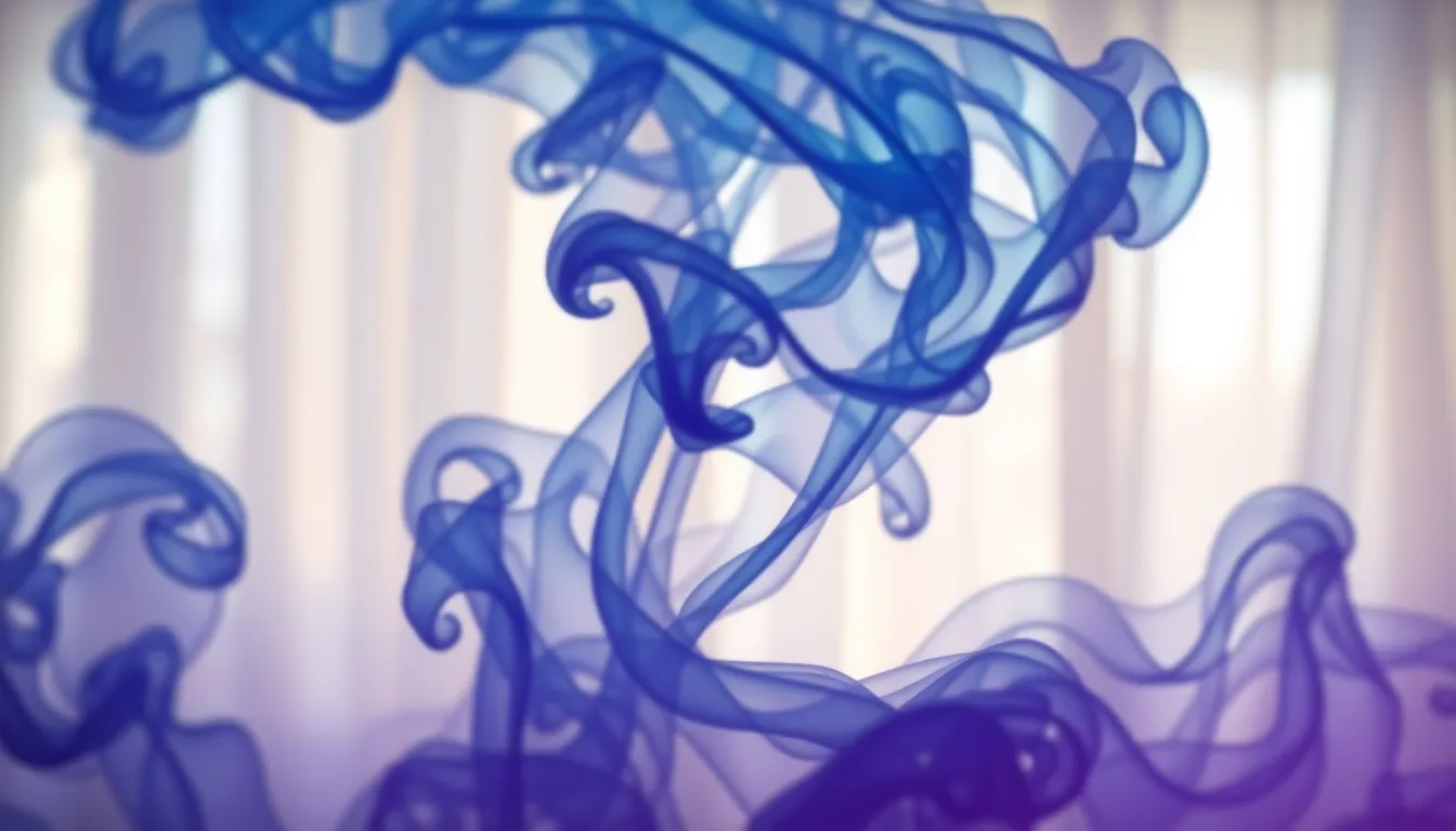 This image showcases a captivating abstract background featuring swirling blue and purple smoke. The soft diffused daylight enhances the ethereal glow, while the shallow depth of field creates a dreamlike quality. The vibrant colors intertwine beautifully, drawing the viewer's eye into the fluid vortex at the center. This background is perfect for creative projects requiring a touch of mystique and elegance.